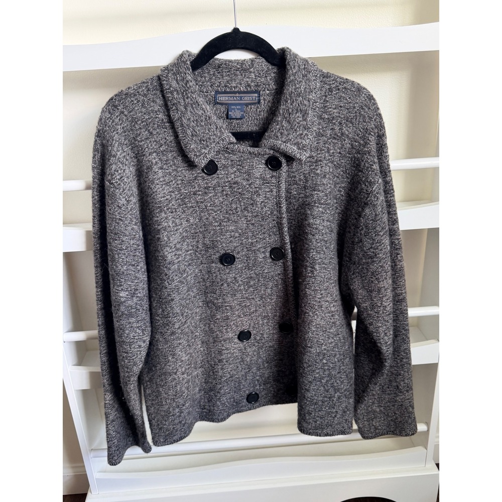 Herman Geist Vintage 100% Wool Double Breasted Cardigan Sweater Gray Large